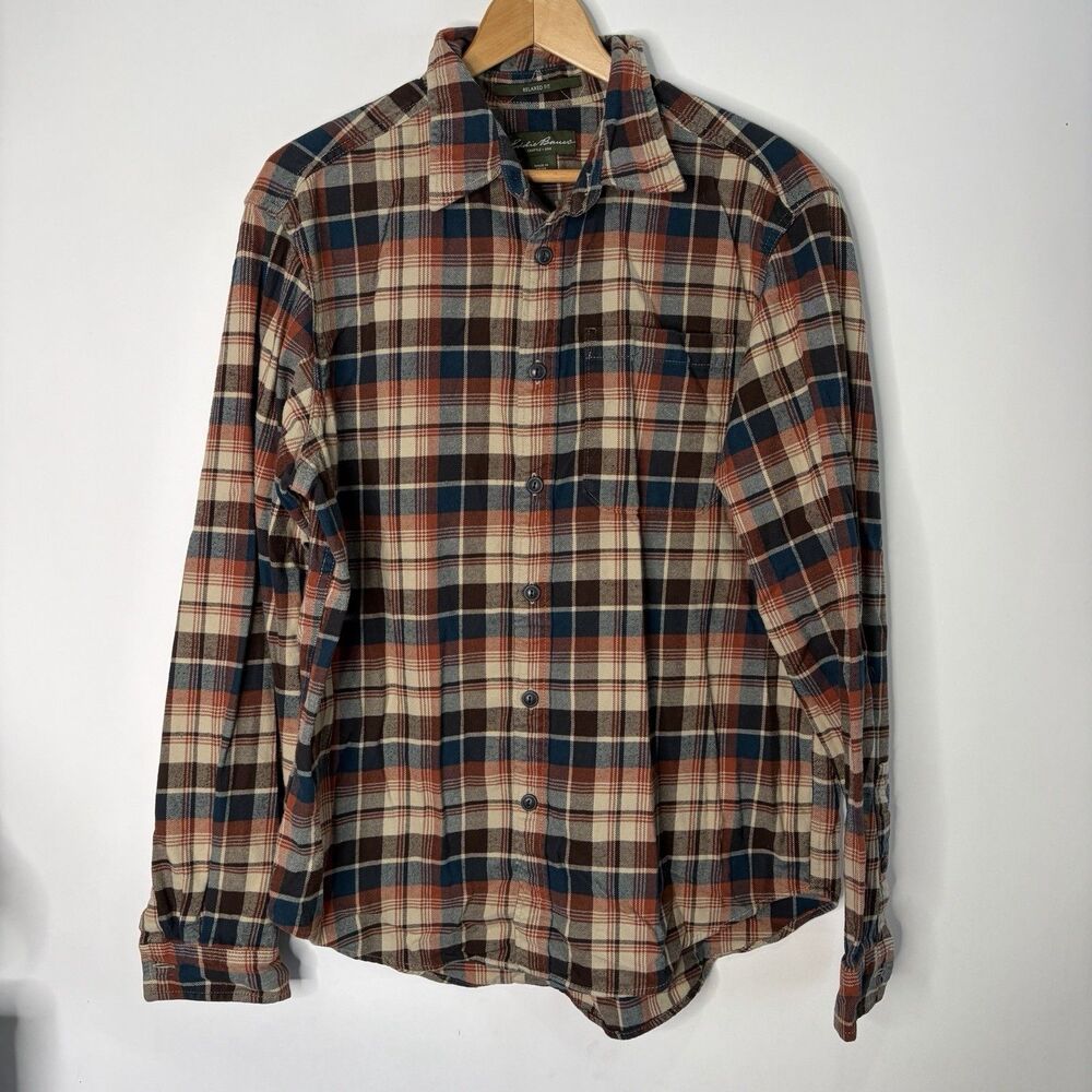 Eddie Bauer Flannel Plaid Button Up Shirt Brown Tan Blue Orange Men Size L